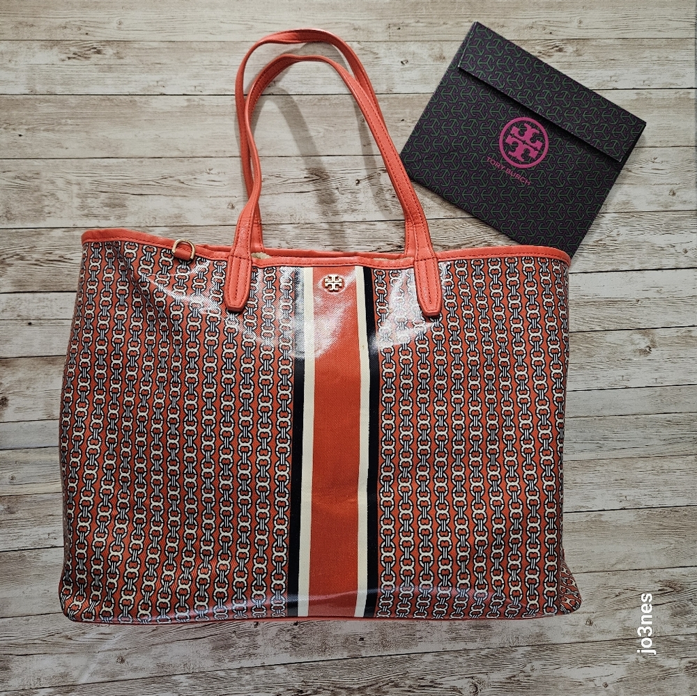Tory Burch Gemini Link Canvas Open Top large tote in orange, navy, White